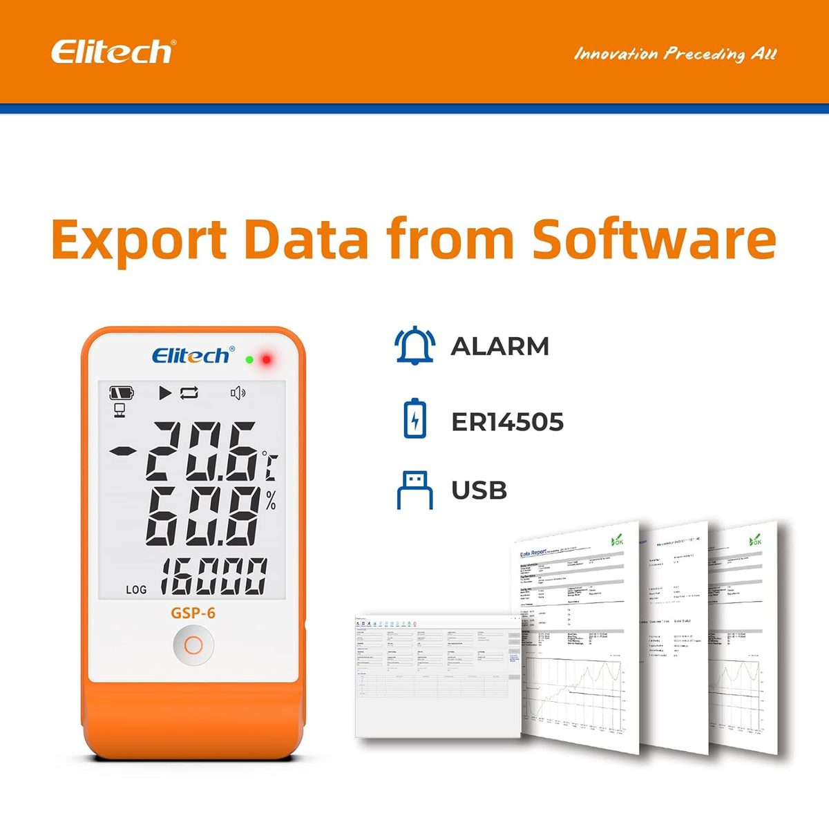 مسجل بيانات درجة الحرارة والرطوبة Elitech GSP-6، 16000 نقطة، سلسلة تبريد 5