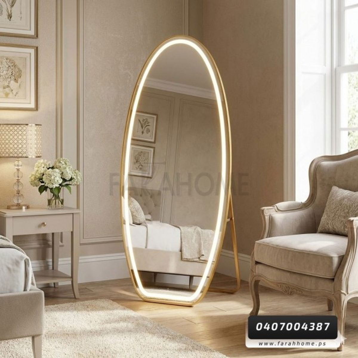 مراه اطار مضيء ليد شكل بيضاوي اطار ذهبي مع ستاند 160 × 68 سم USB