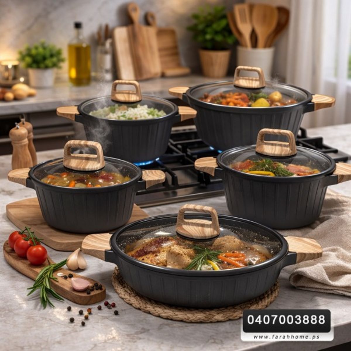 طقم طناجر جرانيت ثقيل اسود مع غطاء زجاج وايدي خشبية 5 قطع 20 - 24 - 28 - 32 سم + مقلى ( حيف واطي ) قياس 28 سم