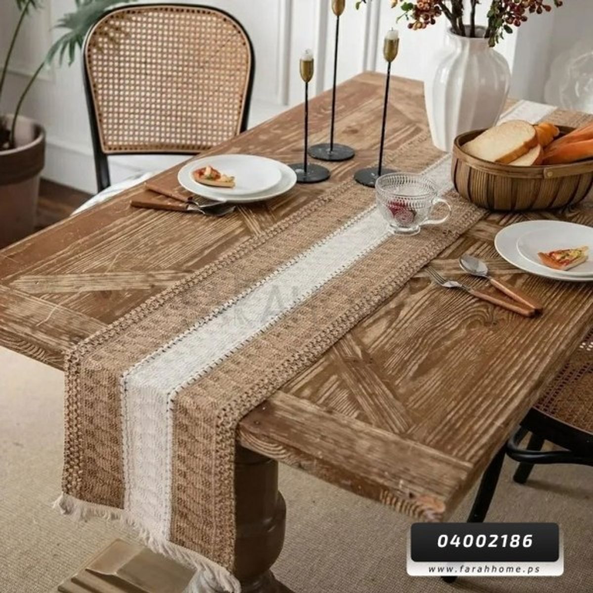 شرشف طاولة سفرة رنر / بيرو مقاس 30 × 180 سم شرشف طاولة سفرة خيش قش مطرز اطراف شراشيب