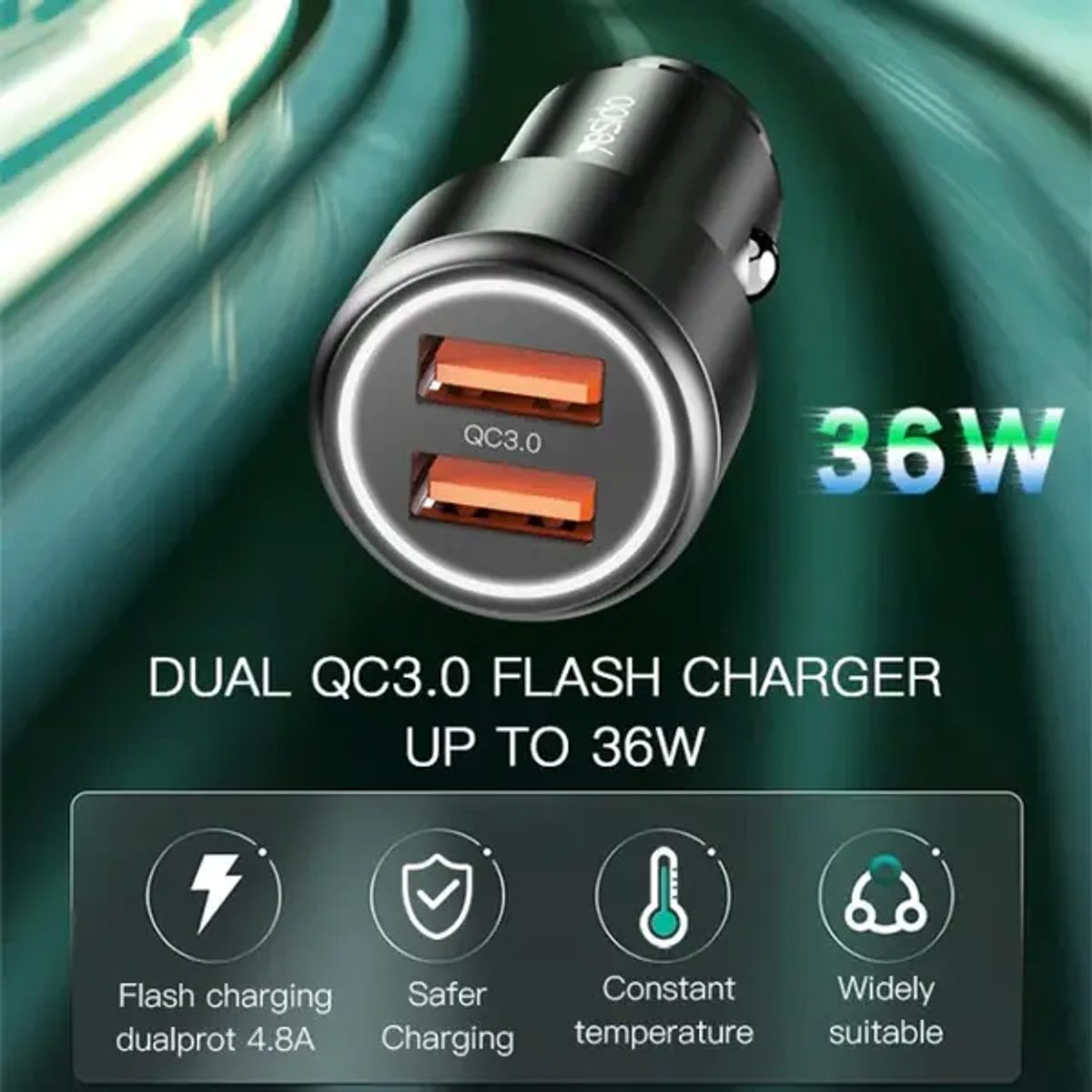 YESIDO Y43  36W Dual USB Port Car Fast Charger 3