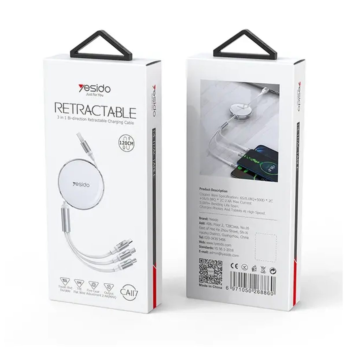 YESIDO CA117 3 in 1 Retractable Cable for Lightning &amp; Micro &amp; Type-C 1.2 meter 3