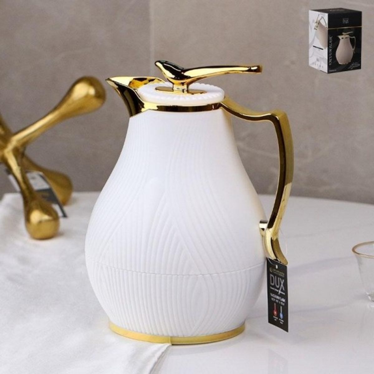 ثيرموس ابيض محزز مبطن مع يد وراس عصفور ذهبي 1 لتر I82410-1.0L-WH