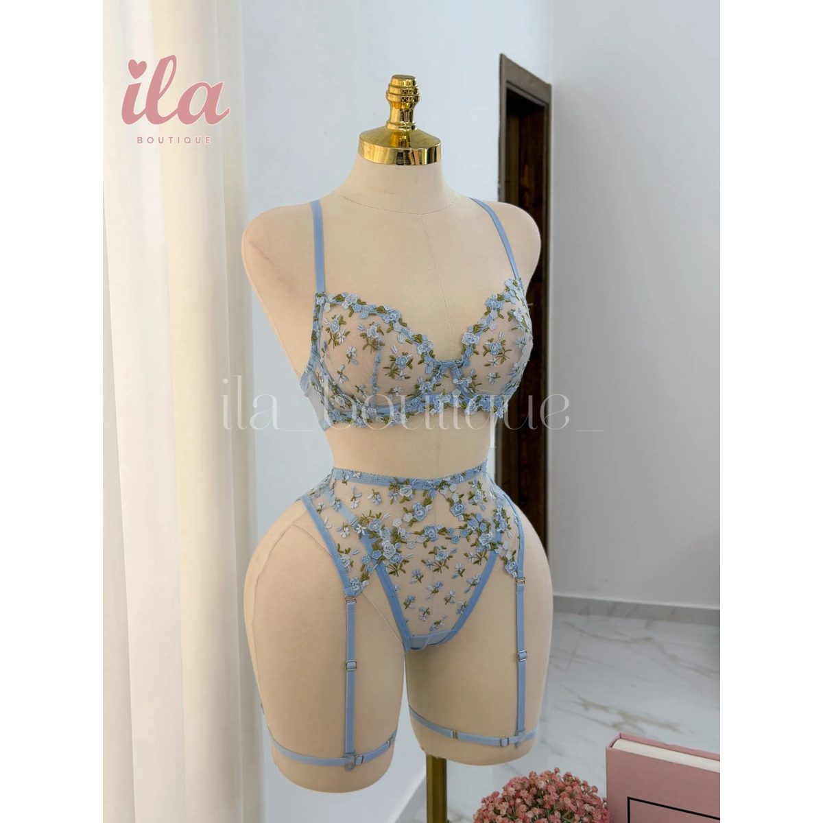 لانجري ازرق قلوب 5 قطع مع حزام على الخصر 3