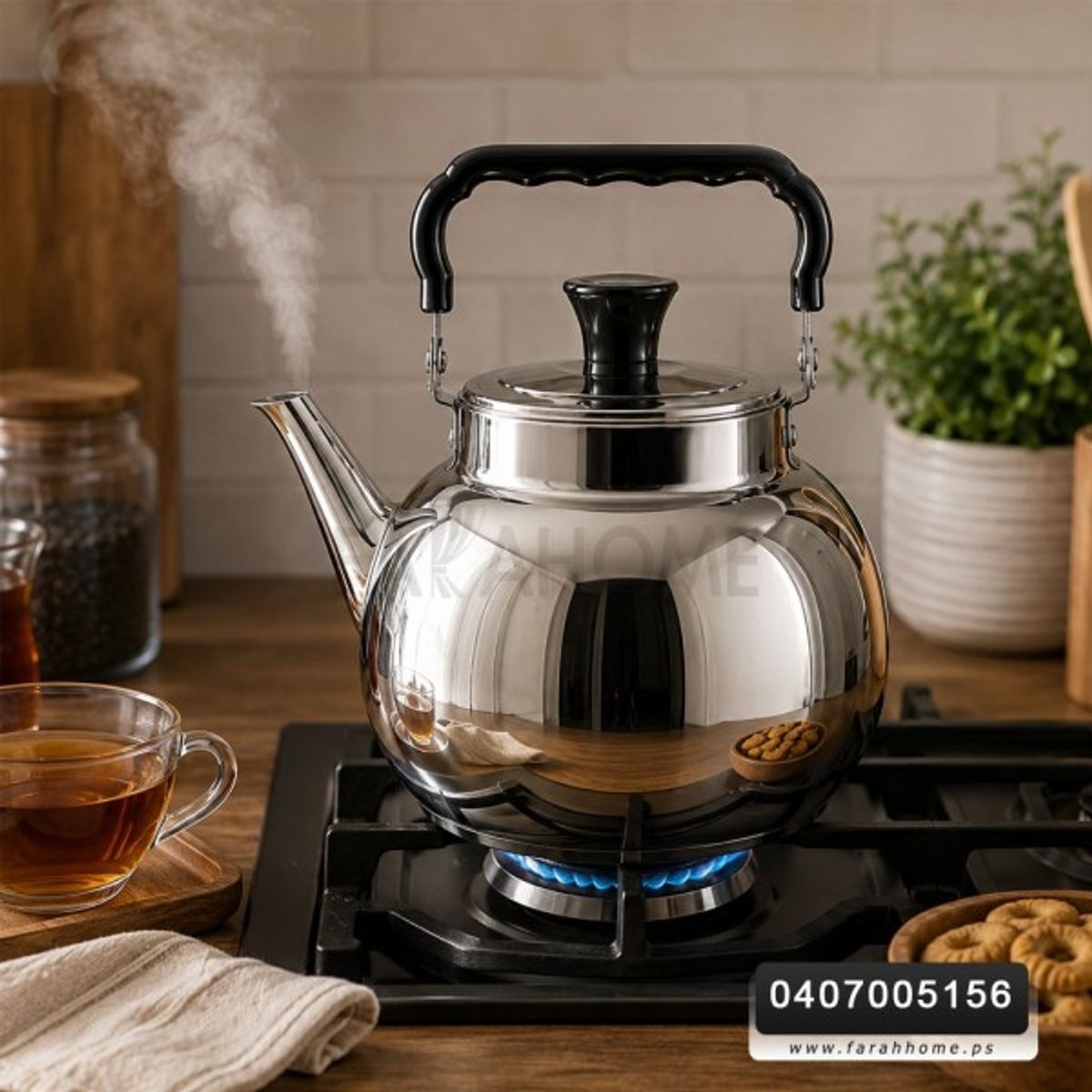 ابريق شاي L 4 لتر عنق عالي ستانلس مقبض اسود عظم