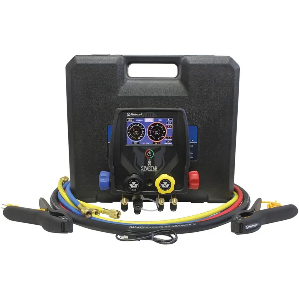 MASTERCOOL 99946-BT-2 4-way spartan smart manifold with 60” high pressure hoses with standard fittings, black vacuum hos