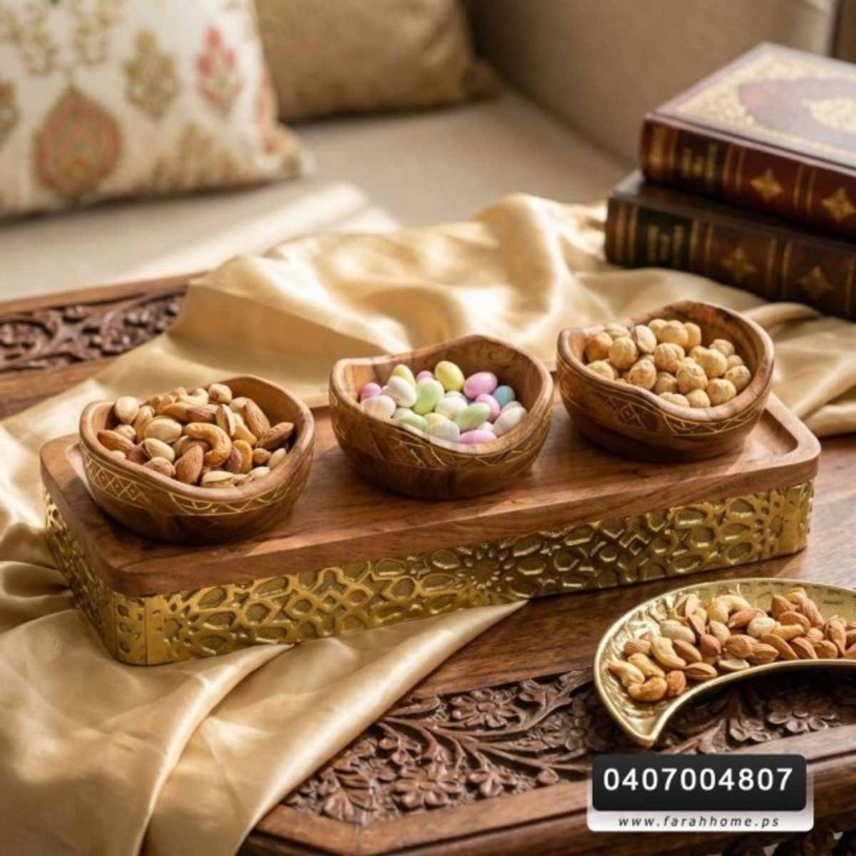 طقم تقديم مكسرات خشب ونحاس هندي 3 صحون + صينية
