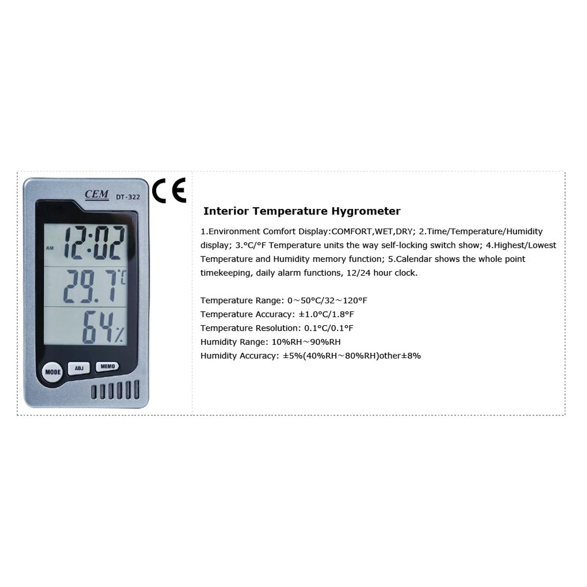 CEM DT-322 Interior Temperature Hygrometer-جهاز قياس الحرارة والرطوبة (استخدام داخلي) 2