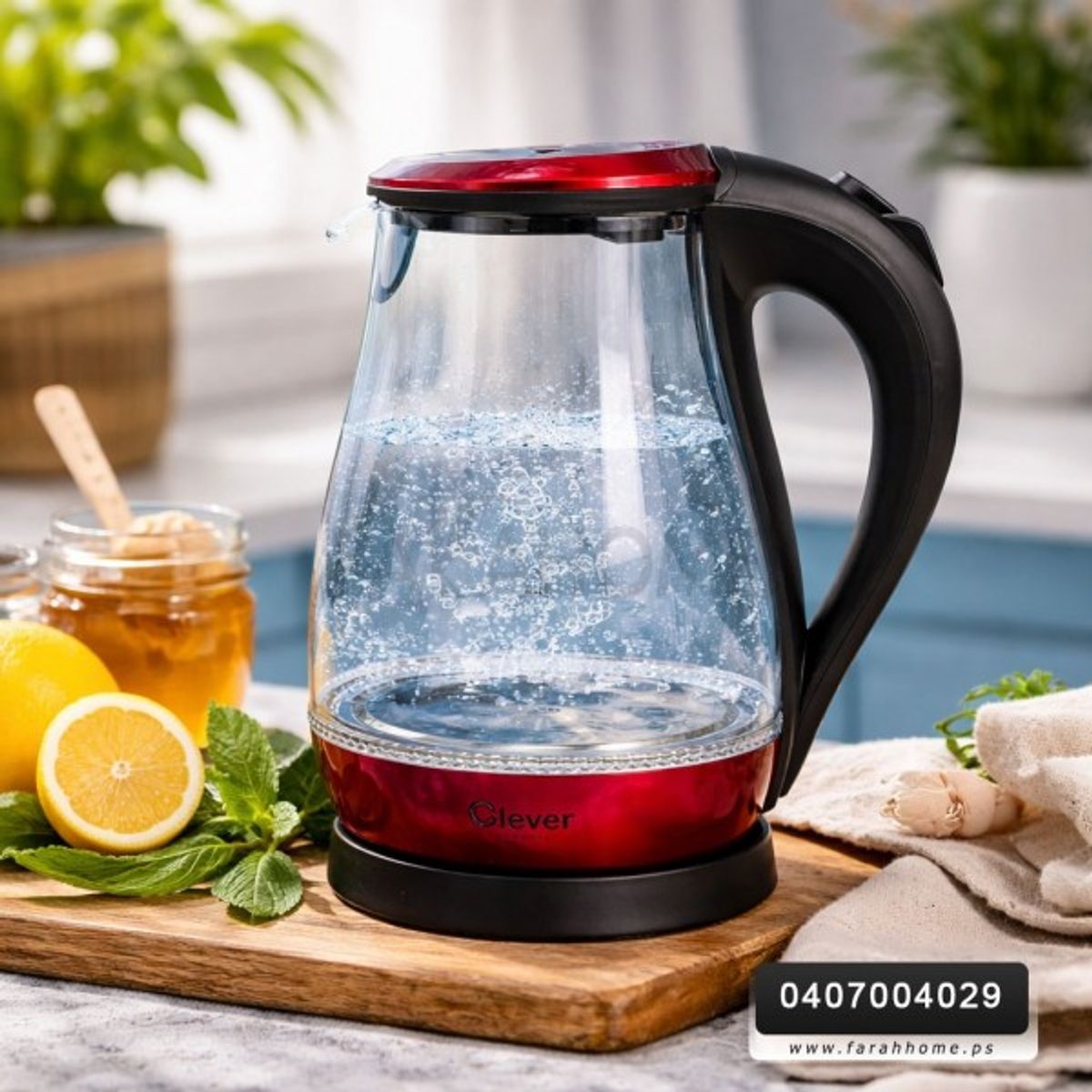 سخان ماء 1.8 لتر كهرباء زجاج قمقم/كمكم Clever HHB1765