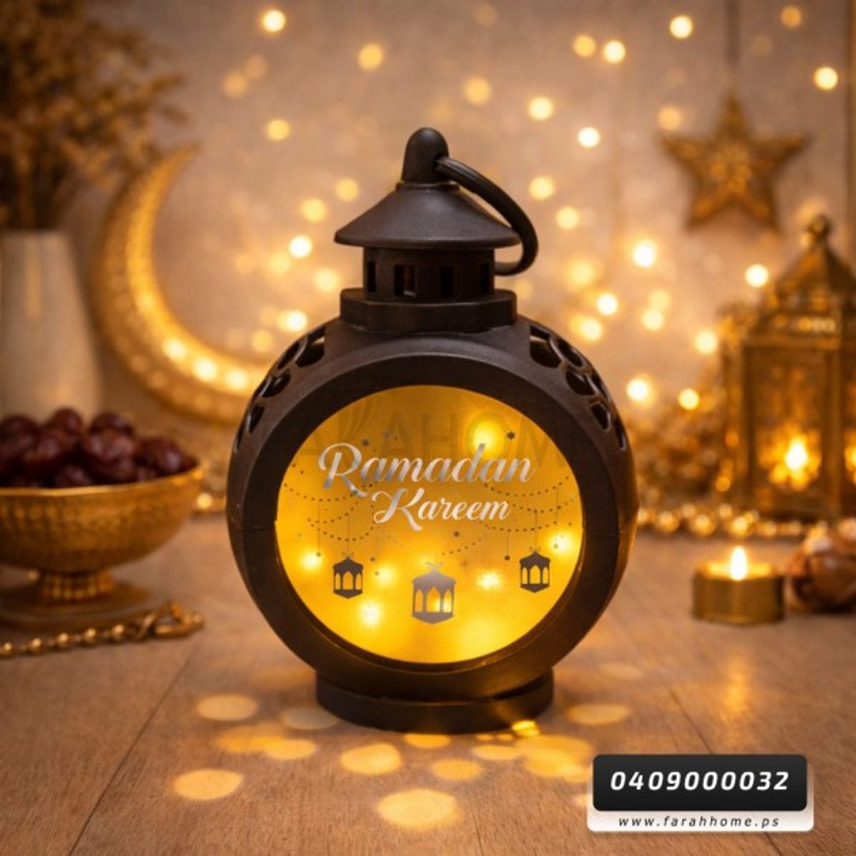 زينة رمضان/ فانوس رمضان حجم صغير مدور مع اضاءة 8 × 15 سم