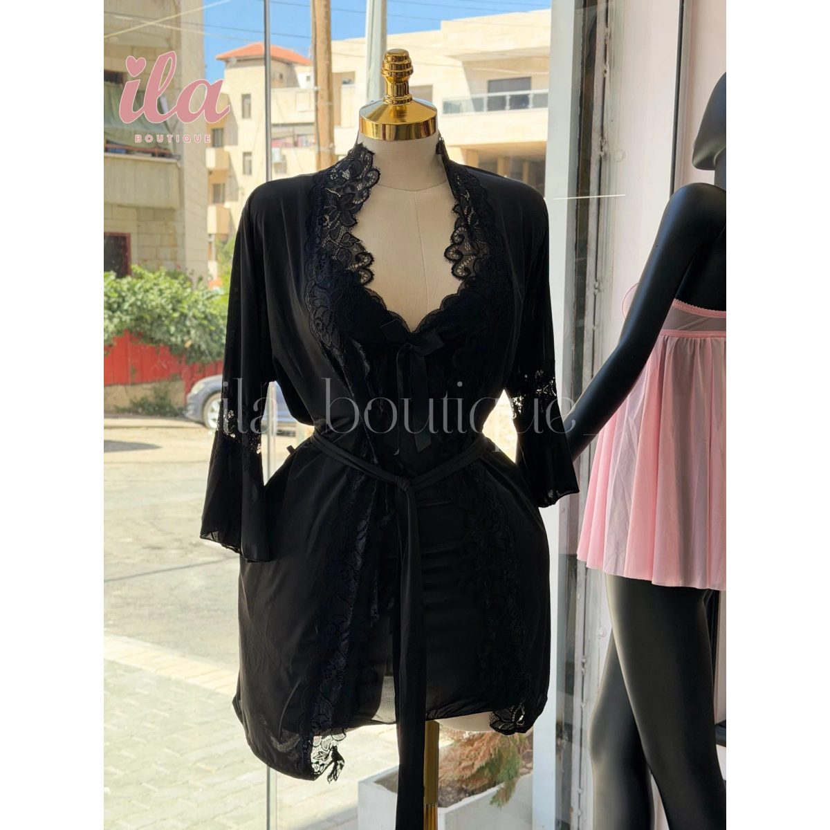 فستان نوم اسود مع روب و اندروير