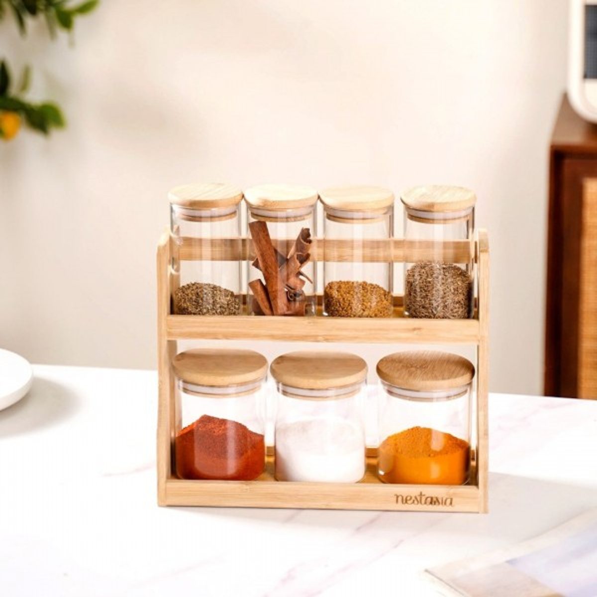 طقم ستاند بهار خشب مطربان - مرتبان زجاج غطا بامبو 7 قطع Canister set