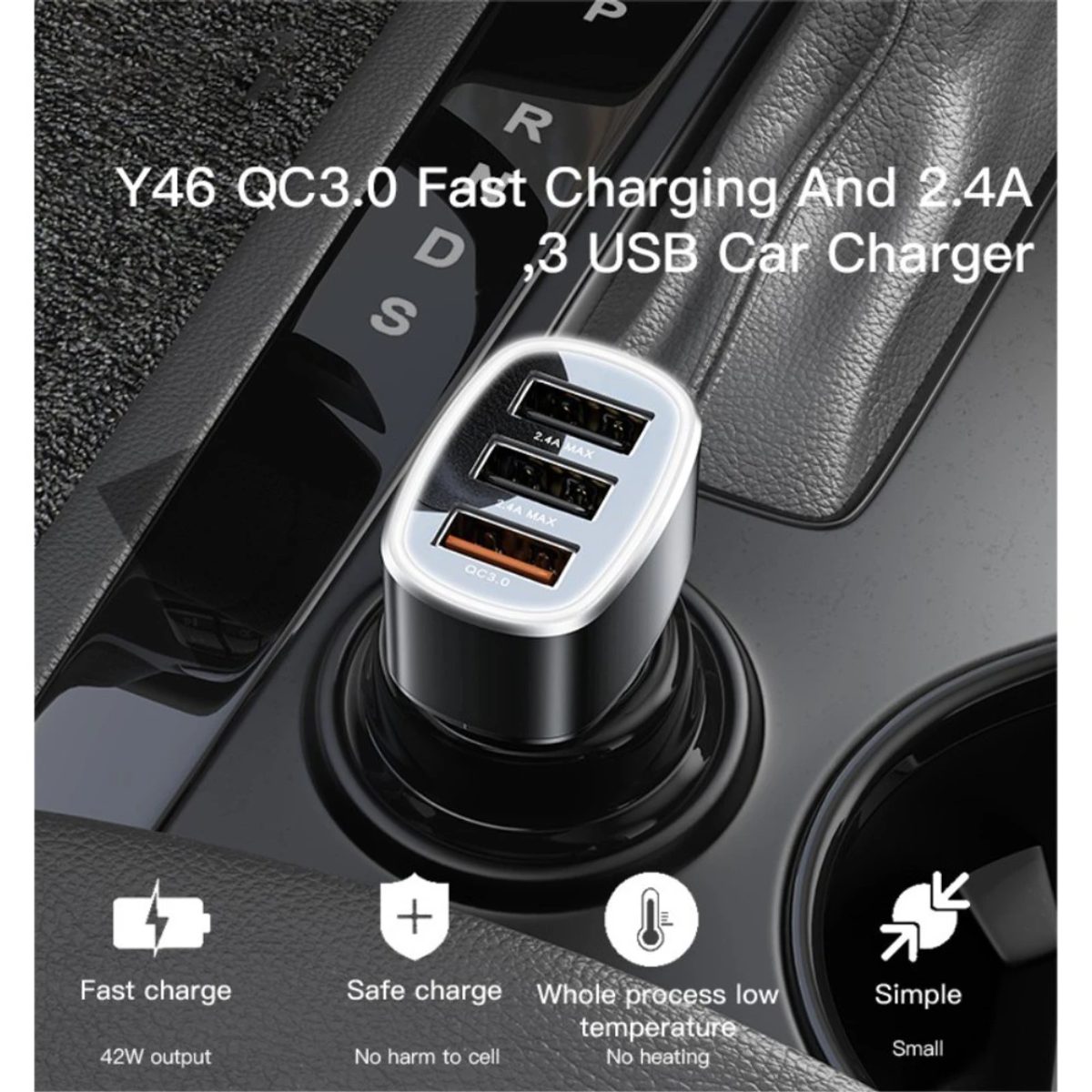 YESIDO Y46 42W 3 USB Port Car Fast Charger(Black) 3