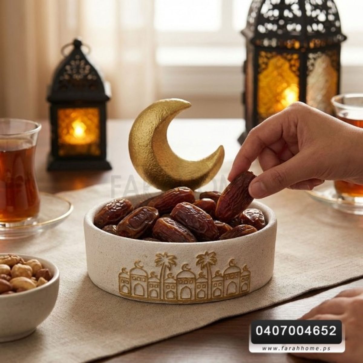 زينة رمضان / صحن تقديم تمرية جبصين سيمنت مع هلال ذهبي