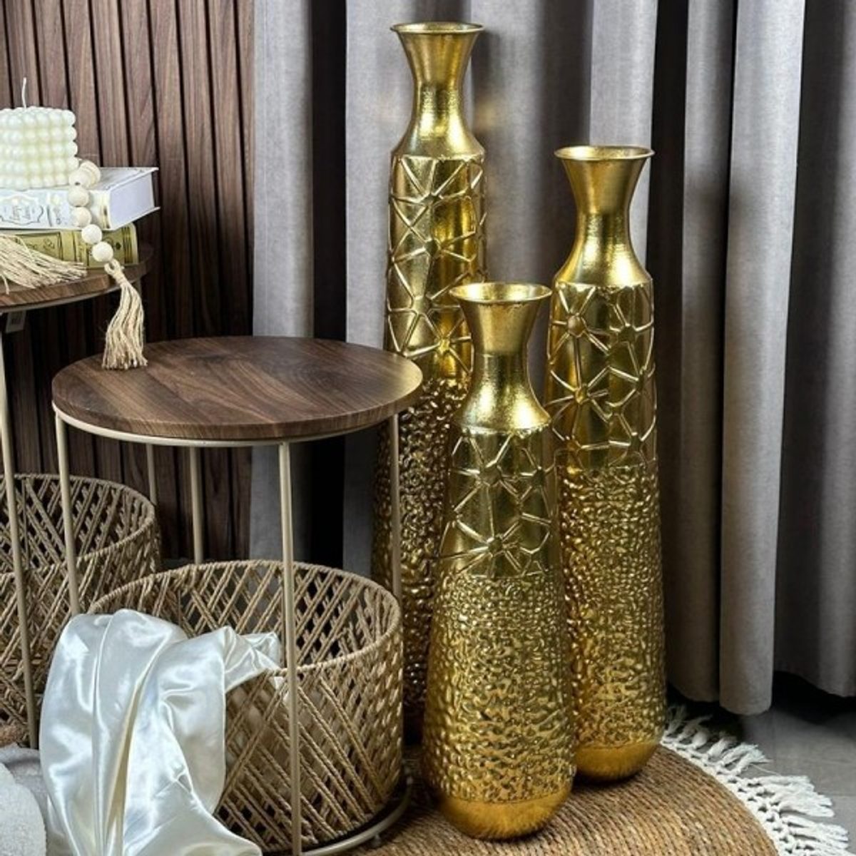 فازة معدن 75 سم شكل جرة ذهبي مع زخرفة ذهبي ستيل حجم وسط BD141-17