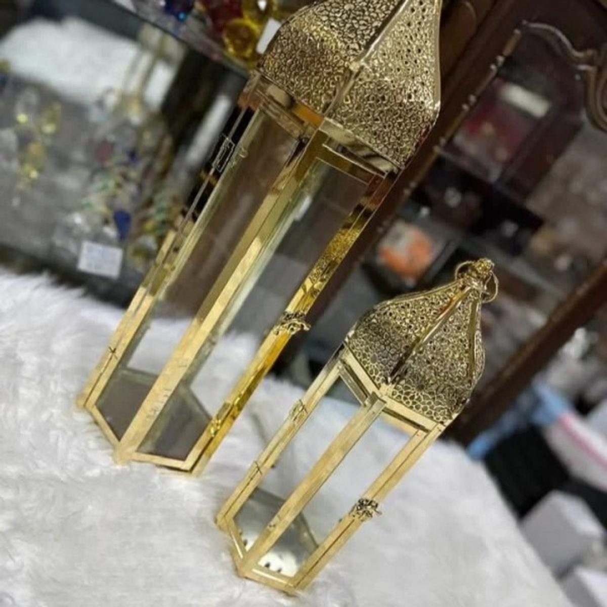 فوانيس رمضان الذهبية المميزة بتصميم مسجد القبة السداسية قطعتين 58 سم + 35 سم