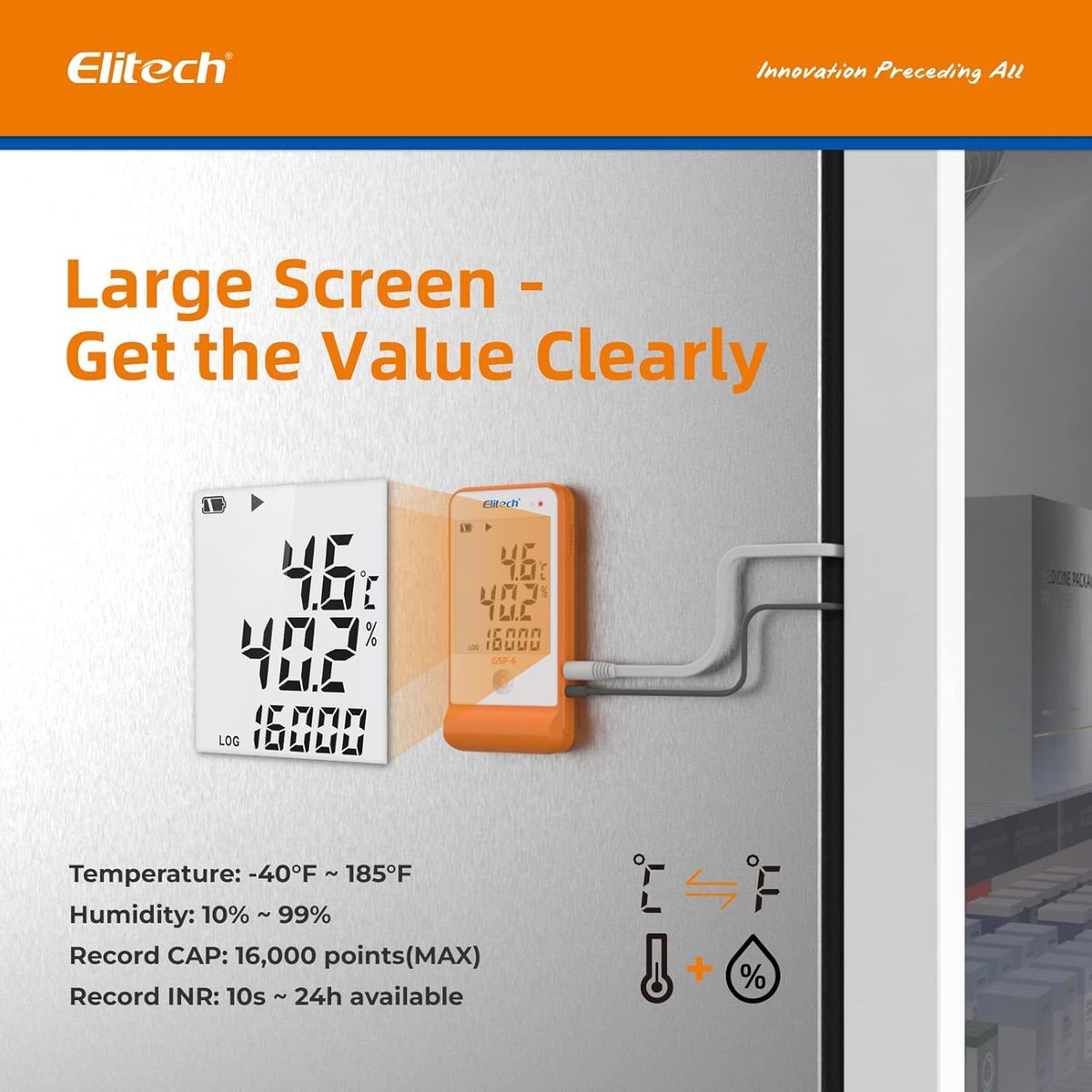 مسجل بيانات درجة الحرارة والرطوبة Elitech GSP-6، 16000 نقطة، سلسلة تبريد 6