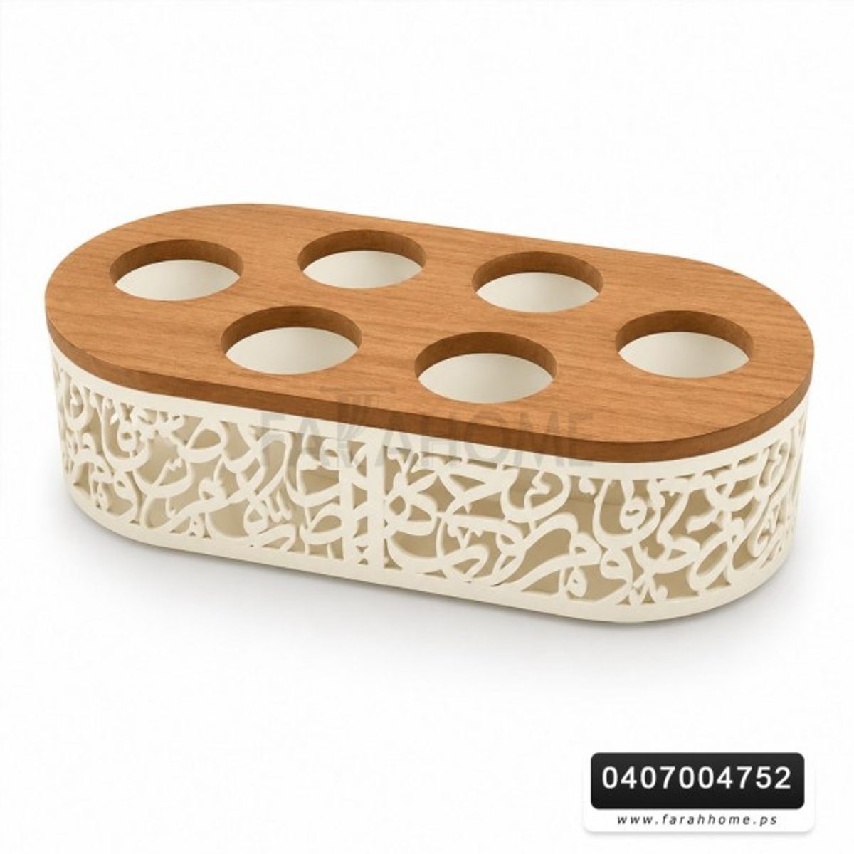 حمالة فناجين / علب كولا او فرش 6 عيون خشب مع تنك CNC خط عربي
