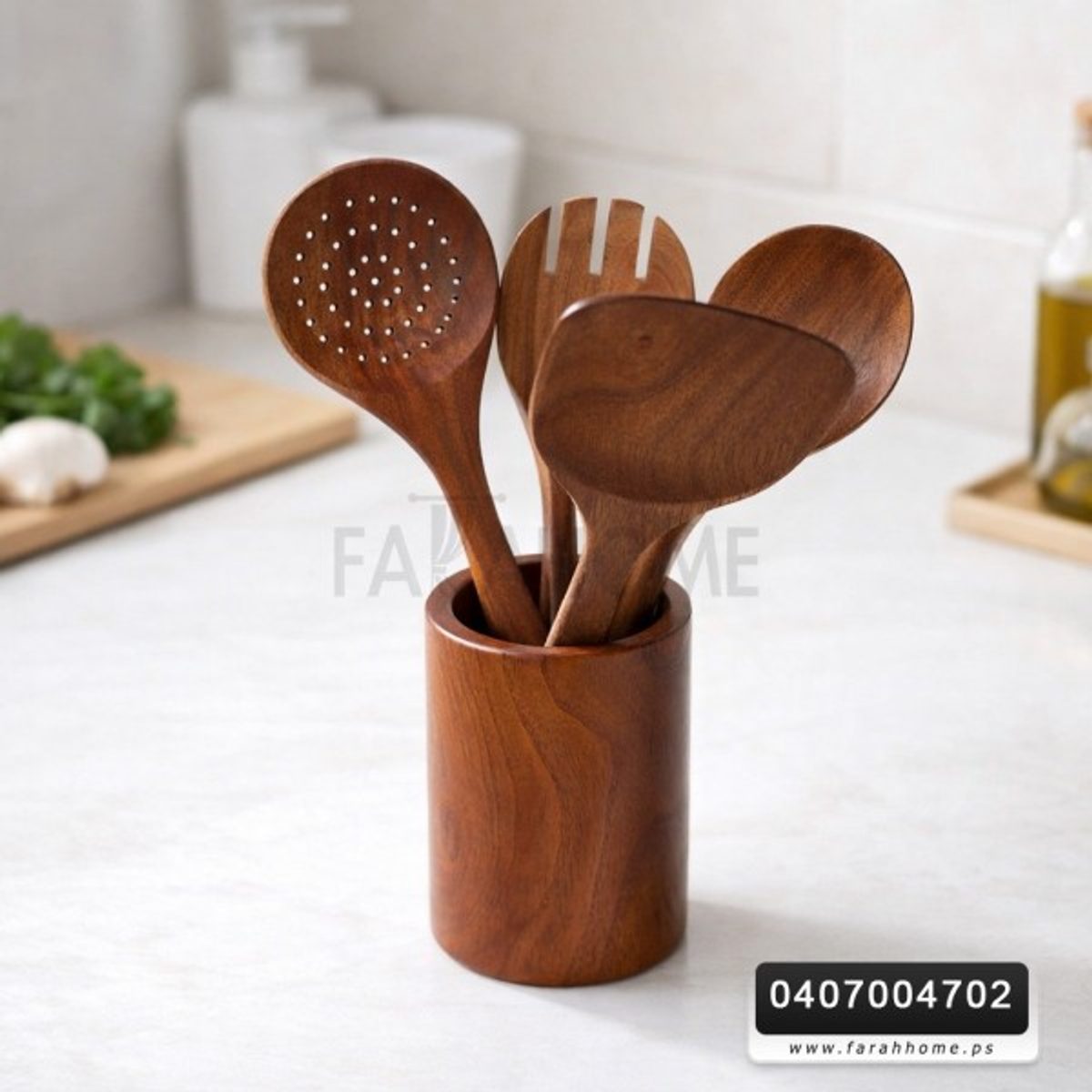 مغارف خشب اربع قطع مع ستاند كأس خشب/ثقيل 5 قطع 36 سم