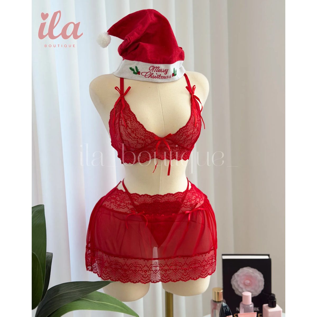 لانجري 3 قطع دانتيل احمر ( SKIRT + BRA + THONG ) 2
