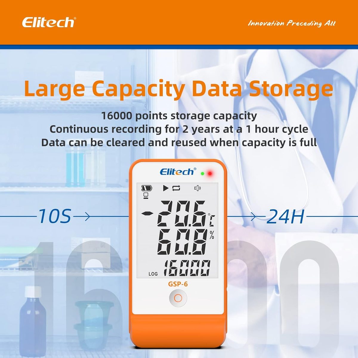 مسجل بيانات درجة الحرارة والرطوبة Elitech GSP-6، 16000 نقطة، سلسلة تبريد 4