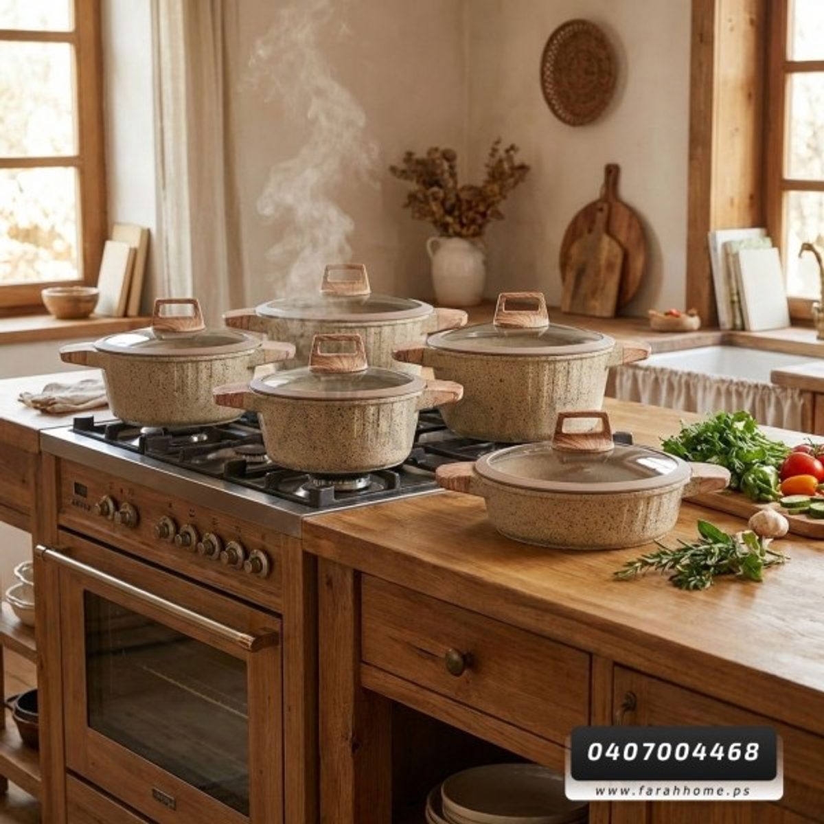 طقم طناجر ثقيل جرانيت لون بيج مع غطاء زجاج وايدي خشبية عدد 4 بالمقاسات DE DIE 20-24-28-32 سم + كسرولا 28 سم DE DIE
