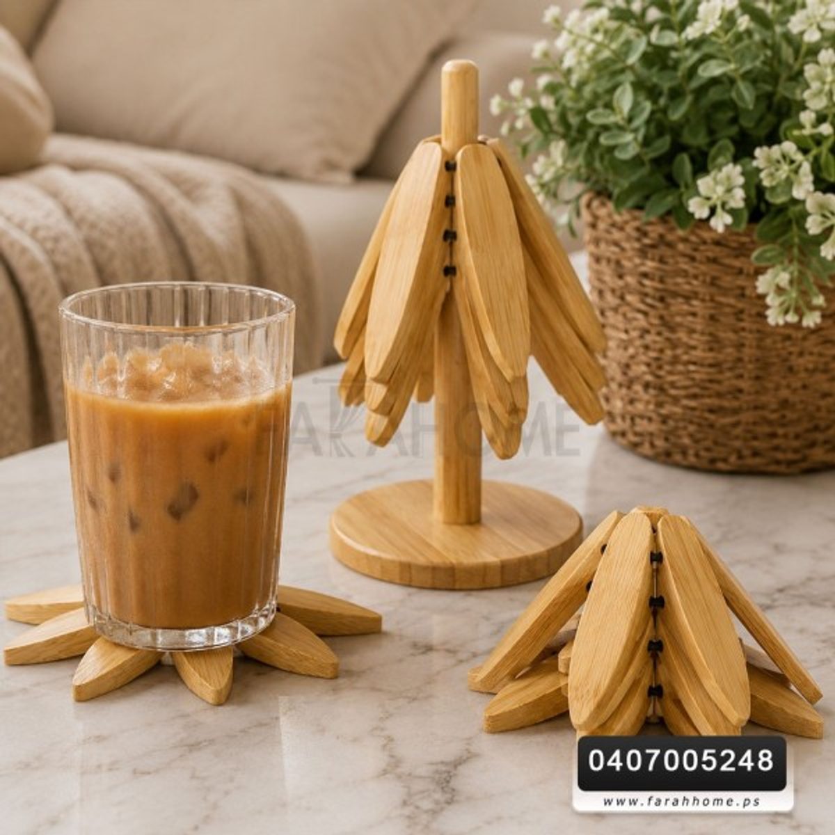 طقم كوستر خشب خشب هرم عمود شكل وردة بيج 4 قطع