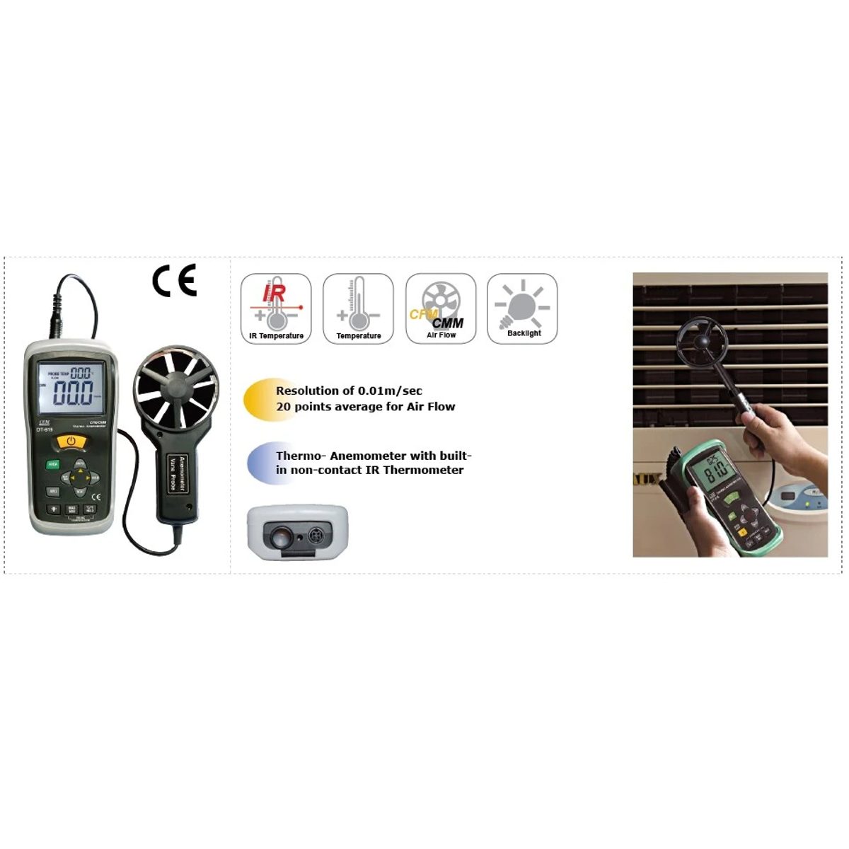CEM DT-620 Thermo-Anemometer non-contact IR Thermometer-جهاز قياس سرعة الرياح والحرارة. 2