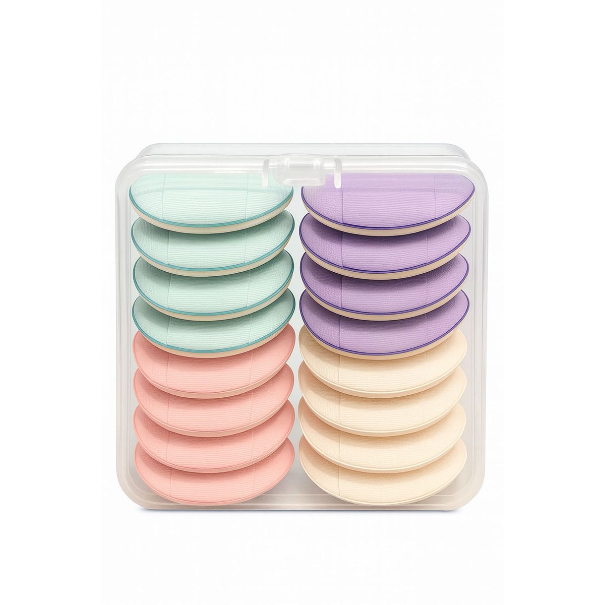 إسفنجات مكياج (Blending Sponges) متعددة الألوان مرتبة في علبة بلاستيكية منظمة