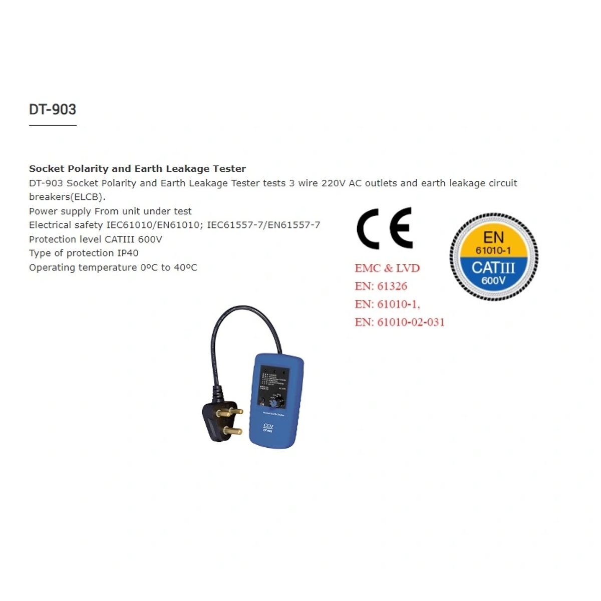 CEM DT-903 Socket Polarity and Earth Leakage Tester-جهاز فحص قطبية الإبريز وحساسية مفتاح الإيرث 2