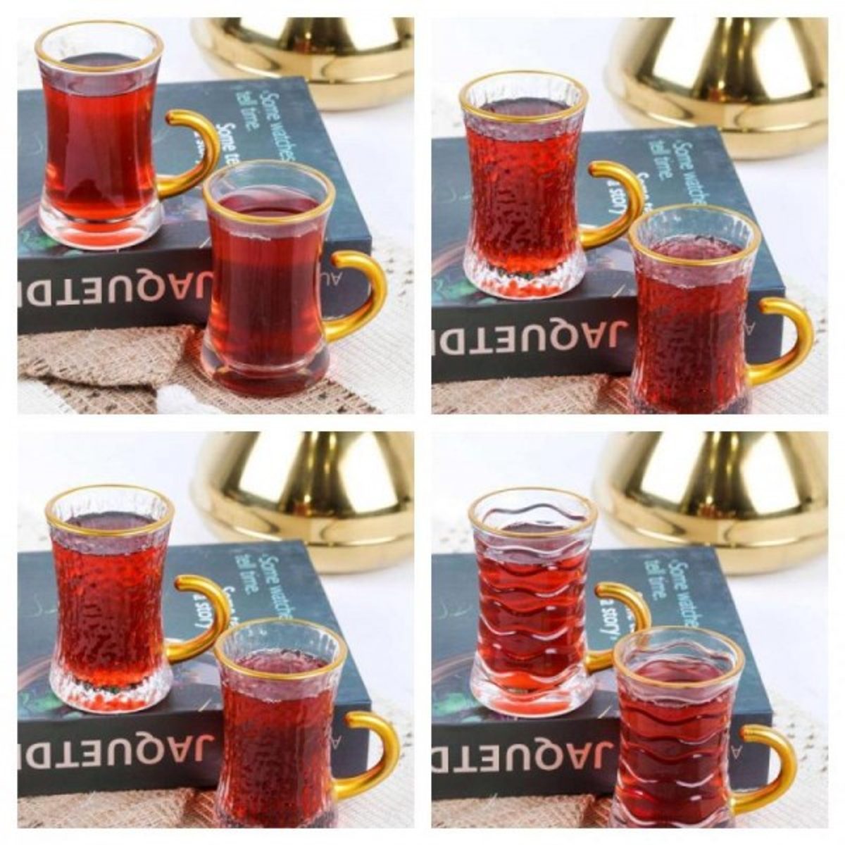 طقم كاسات شاي 12 قطعة زاج حز هبي مع يد خاتم KX2148 GOLDEN RIM