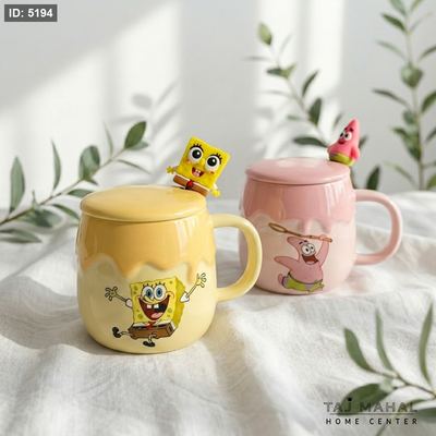 مج سيراميك مع غطاء وملعقة بتصميم شخصيات سبونج بوب