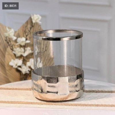 سلة مهملات زجاج مدور 26سم قاعده وحيف نحاس فضي 89629Dهندي %ס15