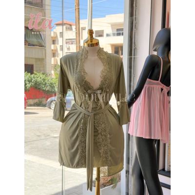 فستان نوم زيتي مع روب و اندروير