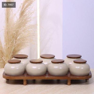 طقم بهارات /7 بورسلان قعدة وغطاء خشبي بني غامق YM231004++ع1