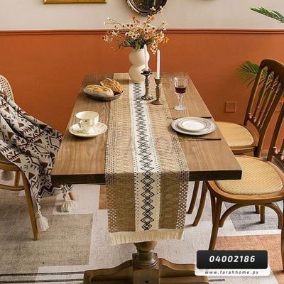 شرشف طاولة سفرة رنر / بيرو مقاس  30 × 180 سم شرشف طاولة سفرة خيش قش مطرز اطراف شراشيب