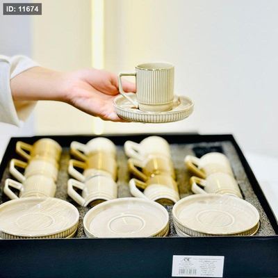 طقم فناجين قهوة 12/12 بورسلان كابتشينو A103-C محزز حيف ذهبي يد معلوج ++