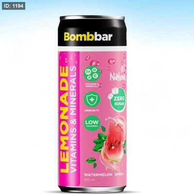 مشروب غازي (Bombar) بطعم البطيخ مدعم بالفيتامينات والمعادن بدون سكر وزنه 330مل