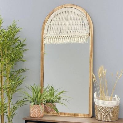 مراة شكل شباك قوس شكل اطار خشب مع تطريز مكرميه 110 × 50 سم