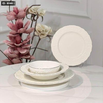 طقم صحون 24 قطعه بورسلان ابيض اطار مزخرف ورق حيف ذهبي JMD0569++ع6