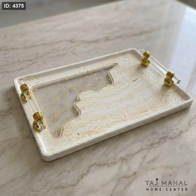 صينية تقديم مستطيلة بتصميم رخامي بلون أبيض وذهبي بيد جانبية اكريليك