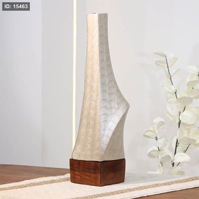 فازة تنك بيج 42سم طويل 89953S قاعدة خشب بني B هندي %ه14