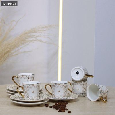 طقم فناجين قهوة 6/6 بورسلان ابيض وكريمي مزخرف 5053-6S-1953-1G ++ع.ج