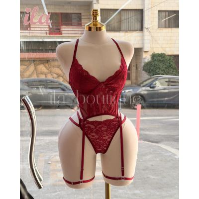 لانجري كورسيه برغندي دانتيل مع اكسسوار على الفحذ