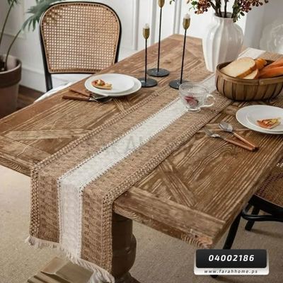 شرشف طاولة سفرة رنر / بيرو مقاس  30 × 180 سم شرشف طاولة سفرة خيش قش مطرز اطراف شراشيب