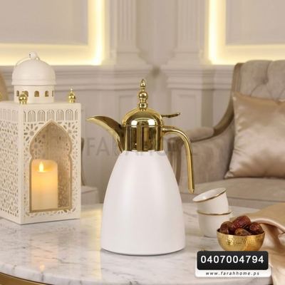 دلة ثيرموس ستيل ابيض غطا ذهبي  يد ذهبي رفيع