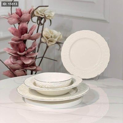 طقم صحون 24 قطعة بورسلان ابيض اطار مزخرف ورق حيف ذهبي JMD0569 ++ع6