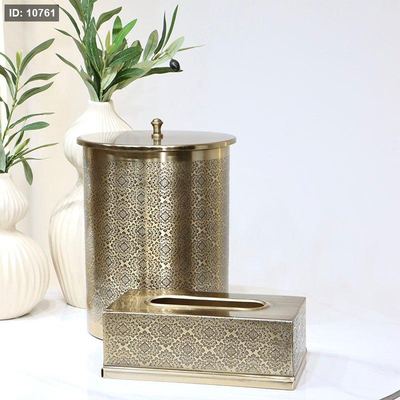 طقم سطل +بكيت محارم مدور مزخرف ورد اسود هندي ذهبي DI-26225-8 %ه8
