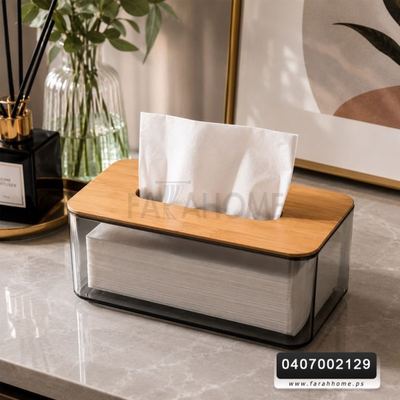 علبة / بكيت محارم حافظة اكريليك شفاف مع غطاء بامبو