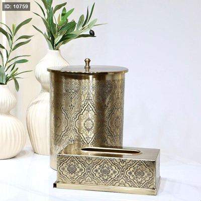 طقم سطل +بكيت محارم مدور مزخرف اسود هندي ذهبي DI-26225-6 %ه8